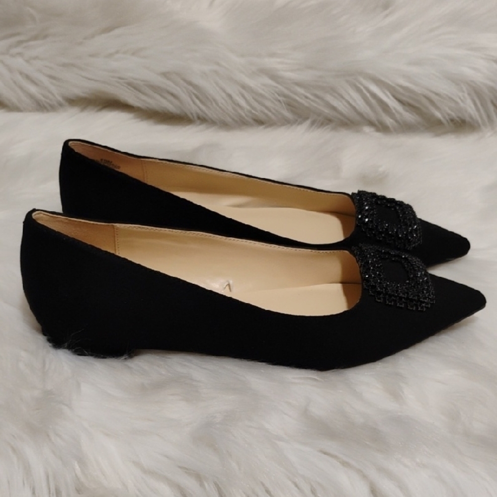 SALE! New Nine West Black Point Toe Embellished Flats Sleek Minimalist Design - Picture 8 of 16